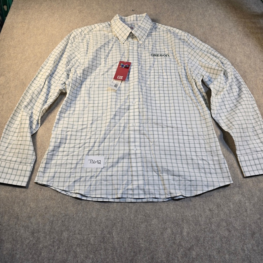 Cutter & Buck Mens Oregon Windowpane Check Button Down Shirt XL White Green‎ NEW